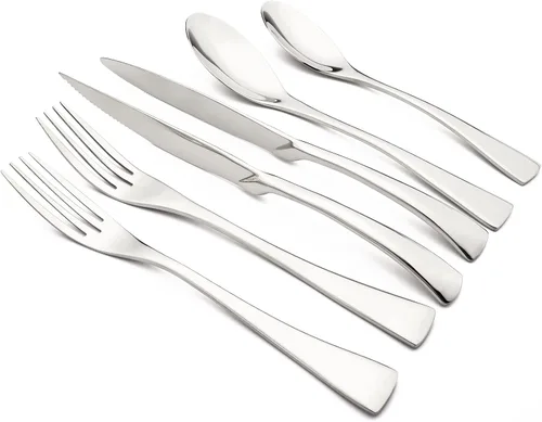 Juego de cubiertos de 24 piezas, espejo de acero inoxidable 18/10, servicio de vajilla de lujo para 4, cuchillo de carne, postre, accesorios para