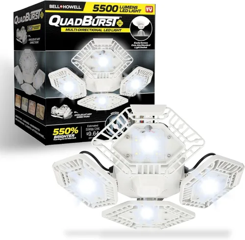 Bell+Howell QUADBURST - Bombillas LED de techo de 80 W, 5500 lúmenes, 4 paneles deformables de aluminio para interiores, dormitorios, luces de