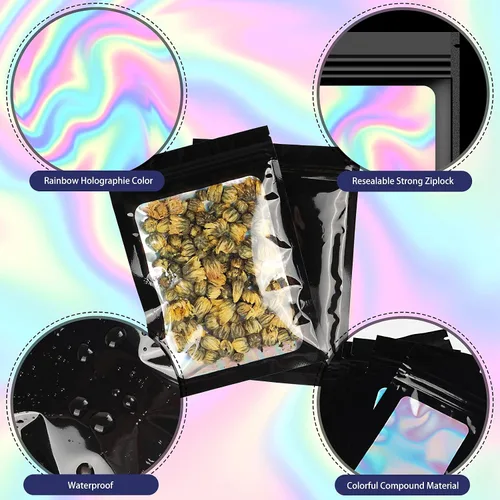 Miniatura 12 de 120 bolsas de tereftalato de polietileno a prueba de olores, bolsa de embalaje holográfica resellable con ventana transparente para alimentos