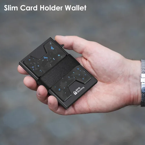 Miniatura 23 de AUTLEY Portatarjetas delgado, billetera minimalista desplegable para hombres, con bloqueo RFID y banda para efectivo (negro)