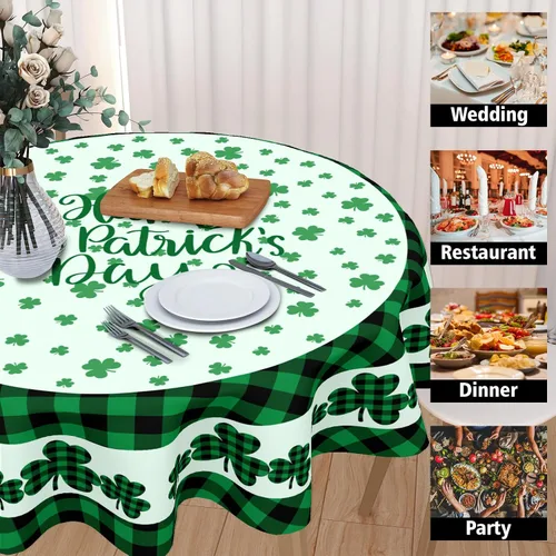 Miniatura 5 de Mantel redondo del Día de San Patricio de 60 pulgadas, diseño de trébol verde, a cuadros, lavable, para cocina, mesa de comedor, fiesta, picnic