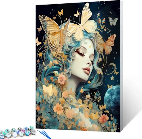 Tucocoo Kit de pintura por números con pinceles y pigmento acrílico sobre lienzo para adultos, estrellas de luna, estilo creativo, proyectos de