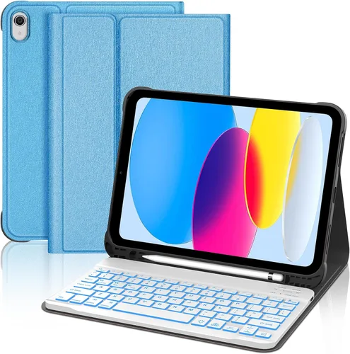 Miniatura 12 de KVAGO Funda para iPad (A16) de 11ª y 10ª generación con teclado, teclado desmontable inalámbrico retroiluminado de 7 colores, funda de teclado folio