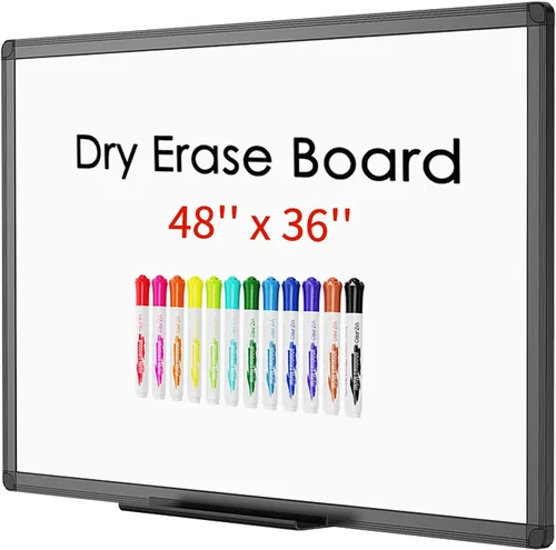 VIZ-PRO Pizarra blanca magnética de borrado en seco, 48 x 36 pulgadas, marco de aluminio negro, con 12 bolígrafos de pizarra blanca de colores