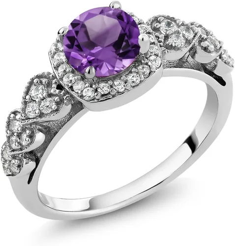 Miniatura 70 de Gem Stone King Anillo de compromiso de aniversario y piedra natal de corte redondo de 0.236 in para mujer, plata de ley 925, anillo de promesa