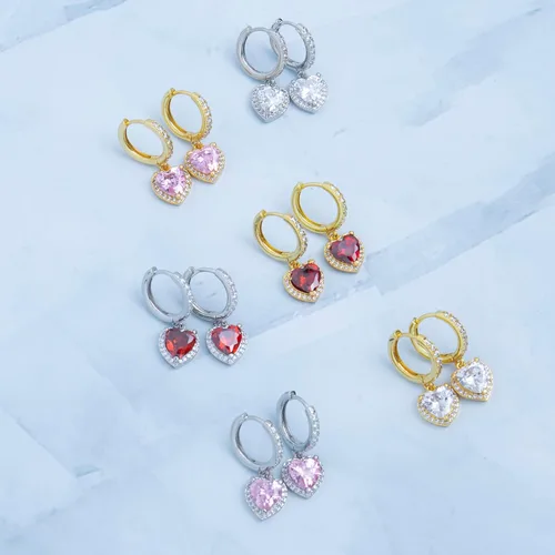 Miniatura 3 de Aretes colgantes de corazón para mujer, chapados en oro blanco, circonita cúbica de moda, hipoalergénicos, para el día de San Valentín