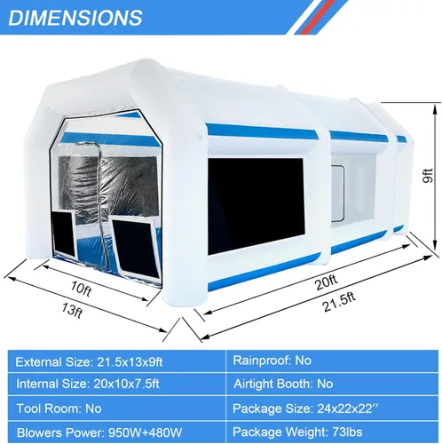 Miniatura 3 de Cabina de pintura inflable de 21.5 x 13 x 9 pies con sopladores de 950 W+450 W para piezas de automóviles y pintura de muebles, cabina de pintura
