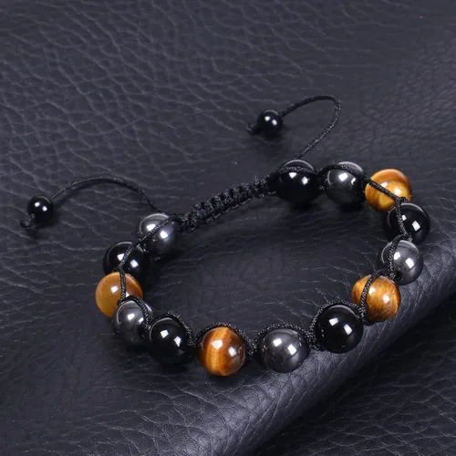 Miniatura 3 de DHQH Triple Protection Bracelet 8/10MM Hematite Black Agate Tigers Eye Stone Bracelet Crystal Jewelry Healing Bead Bracelets for Men Bring Luck