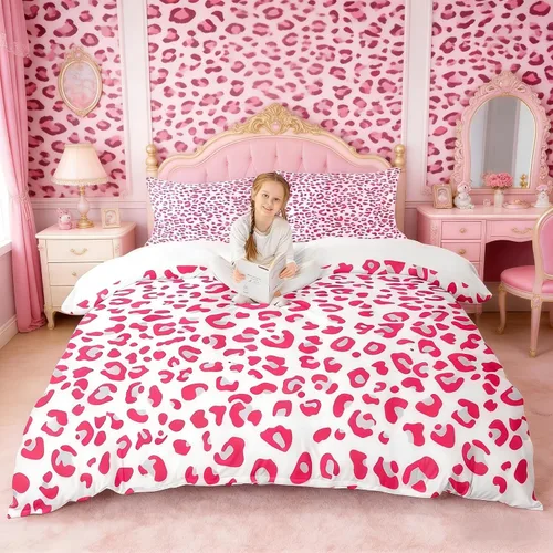 Miniatura 15 de Juego de funda de edredón para niños, tamaño individual, diseño de cebra y leopardo con purpurina, decoración de habitación para niñas y mujeres