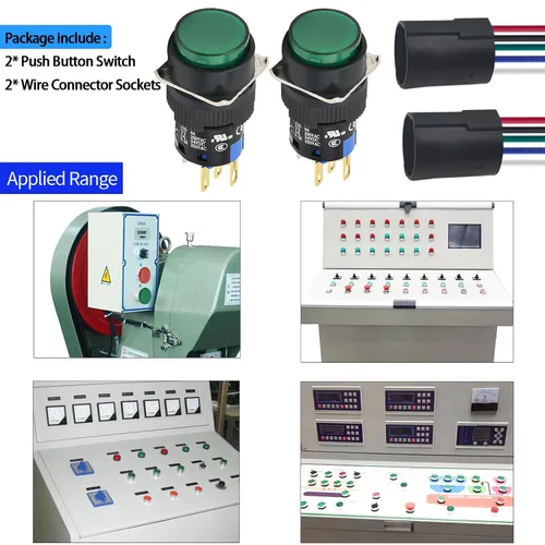 Miniatura 7 de Interruptor de botón pulsador de 0.630 in, 0.63 pulgadas, certificación UL redondo con luz LED de 24 V CC, 1 NC, SPDT, 5 pines con enchufe de Verde