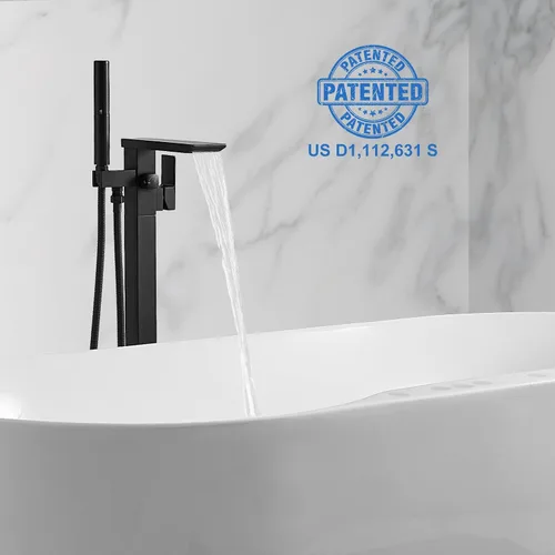 Miniatura 4 de RUMOSE Llenador de bañera negro mate, relleno de bañera independiente, grifo de bañera de montaje en cascada, grifo de bañera de latón de alto flujo