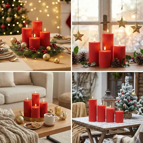 Miniatura 5 de Velas rojas sin llama de Navidad de pilar con control remoto, velas de cera LED estriadas de tapa plana alimentadas por batería, juego de 4 para Rojo