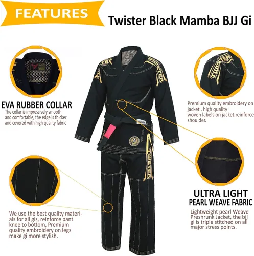 Miniatura 3 de Twister Black Mamba Brazilian Jiu Jitsu Gi Uniforme BJJ Preencogido Con cinturón BJJ GRATIS y bolsa Gi GRATIS