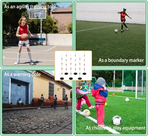 Miniatura 7 de Juego de poste de agilidad de fútbol rojo-blanco con base de goma, palo de dribling, señal de advertencia de tráfico, poste de entrenamiento Paquete