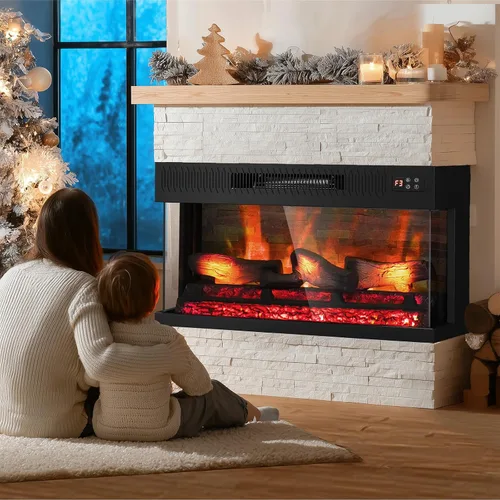 Miniatura 7 de Bonnlo Chimenea eléctrica de vidrio de 3 caras de 28 pulgadas de ancho con aplicación y control remoto, calentador de chimenea falso realista con 6