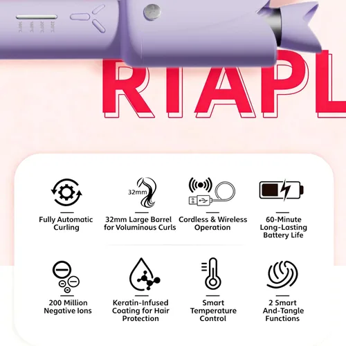 Miniatura 2 de Rizador inalámbrico con temperatura ajustable, rizador de pelo portátil recargable, bonito diseño de orejas de conejo, herramienta de peinado