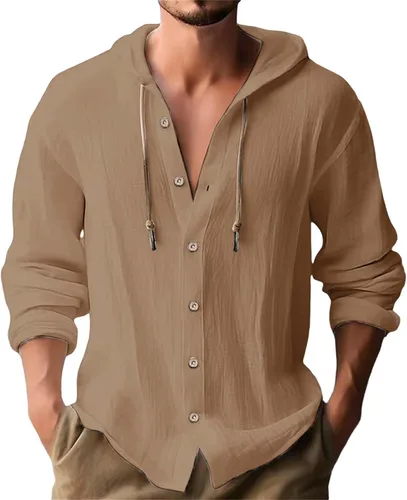 Miniatura 16 de Camisas de manga larga con botones para hombre, camisa con capucha a rayas verticales, casual, para vacaciones, verano, ligera, con cordón Z21