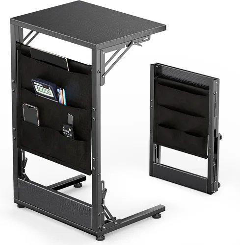 Miniatura 8 de Mesa auxiliar plegable en forma de C, pequeña mesa auxiliar plegable con bolsa de almacenamiento, bandeja de TV portátil para sofá, cama, color negro