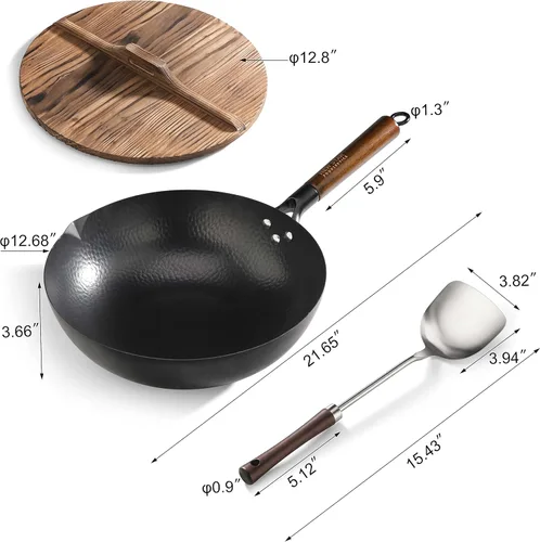 Miniatura 3 de New Star Foodservice 1029154 Acero al carbono martillado a mano, acero al carbono Wok antiadherente, incluye fondo redondo de 12.7 pulgadas, tapa