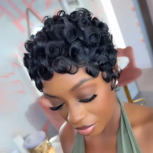 Miniatura 3 de YOUKNOWIG Pelucas de corte Pixie para mujeres negras, peluca brasileña rizada con corte Pixie, cabello humano, sin pegamento, pelucas cortas