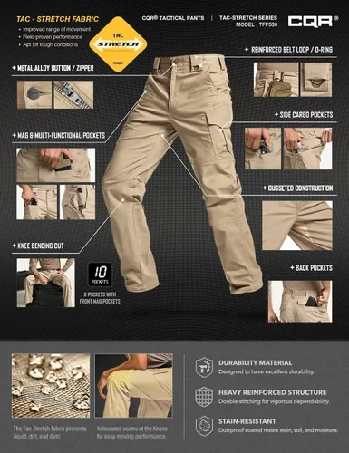 Miniatura 4 de CQR Men's Flex Stretch Tactical Pants, Water Resistant Ripstop Cargo Pants, Lightweight EDC Outdoor Hiking Work Pants