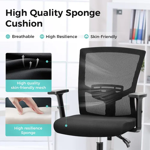 Miniatura 5 de ALPHA HOME Silla de oficina ergonómica, silla de computadora de malla con respaldo medio con soporte lumbar, taburete ejecutivo con reposabrazos