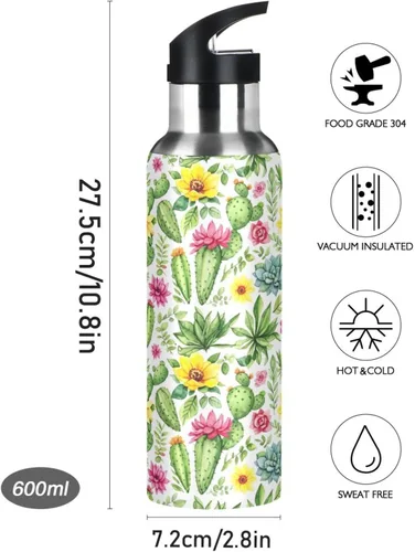 Miniatura 9 de Stainless Steel Vacuum Insulated Water Bottle 20 Oz, Leakproof Water Bottles for Gym Outdoor Travel School, Colorful Watercolor Cacti Succulent