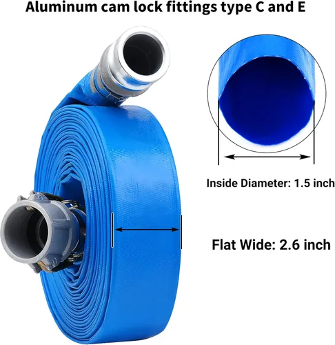 Miniatura 2 de Manguera de descarga plana de PVC de 1-1/2 pulgadas x 50 pies con accesorios de aluminio Camlock C y E, accesorio de bloqueo de leva tipo F