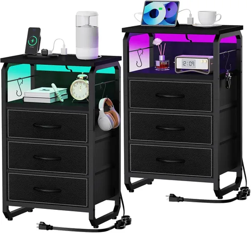 Miniatura 11 de runjuly Mesita de noche con luz, mesa auxiliar LED con cajones y estación de carga con puerto tipo C, pequeña mesa de noche con ganchos, cómoda