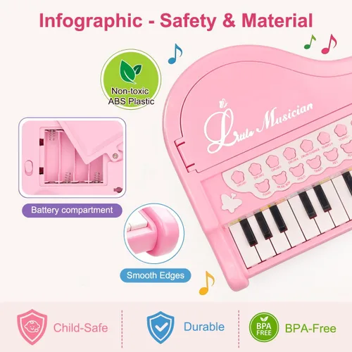 Miniatura 3 de Love&Mini Juguetes de piano rosa para niñas de 1 año o más, regalos de primer cumpleaños, piano para niños pequeños, instrumentos de juguete musical