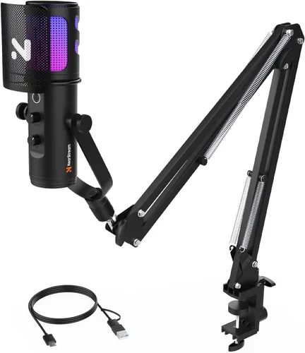 NearStream Micrófono RGB para juegos para PC con cancelación de ruido/monitor/silencio/ganancia/filtro pop extraíble, micrófono de condensador USB