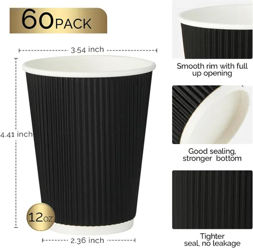 Miniatura 2 de JollyPack Paquete de 60 tazas de café de papel de 12 onzas, tazas desechables negras con pared ondulada aislada para café, té y chocolate caliente