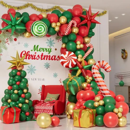 Miniatura 2 de Kit de arco de globos de Navidad de 171 piezas, globos rojos, verdes y dorados, globos de caja de regalo de caramelos, globos de papel de aluminio
