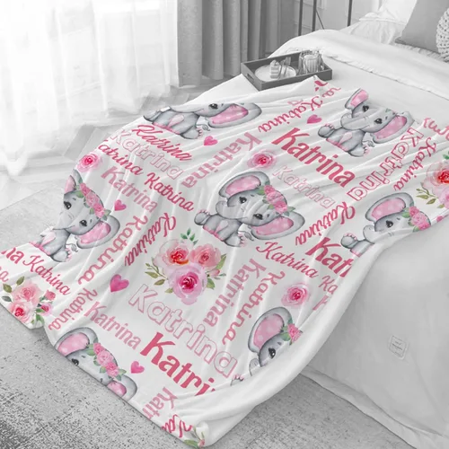 Miniatura 6 de Manta personalizada de elefante bebé para niñas y mujeres, manta personalizada con nombre, mantas de franela suave y acogedora para sofá, cama