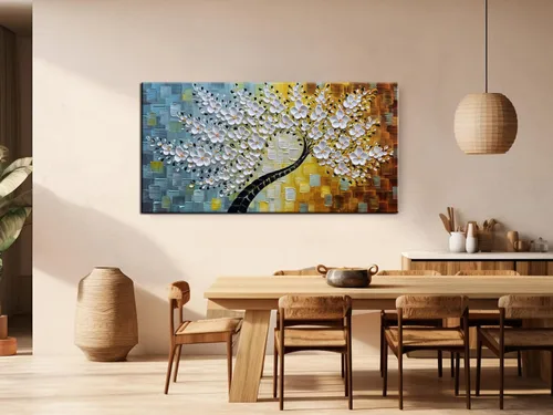 Miniatura 6 de YaSheng Art - Pintura al óleo de arte contemporánea hecha a mano de flores blancas en lienzo con textura 3D, pinturas de árbol abstractas