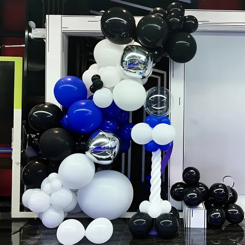 Miniatura 3 de Kit de arco de globos azul negro y blanco, kit de guirnalda de globos azul marino blanco negro con globos de látex plateado metálico globos de Azul