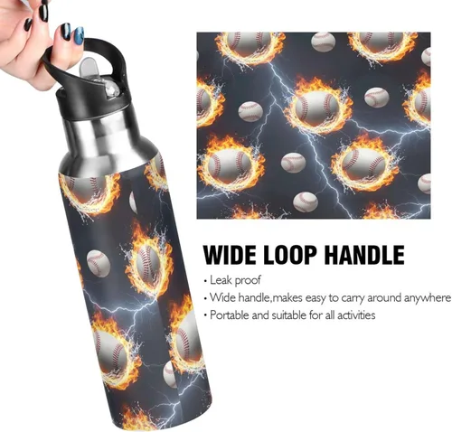 Miniatura 4 de Stainless Steel Vacuum Insulated Water Bottle 20 Oz, Leakproof Water Bottles for Gym Outdoor Travel School, Baseballs Splashes Water Flames