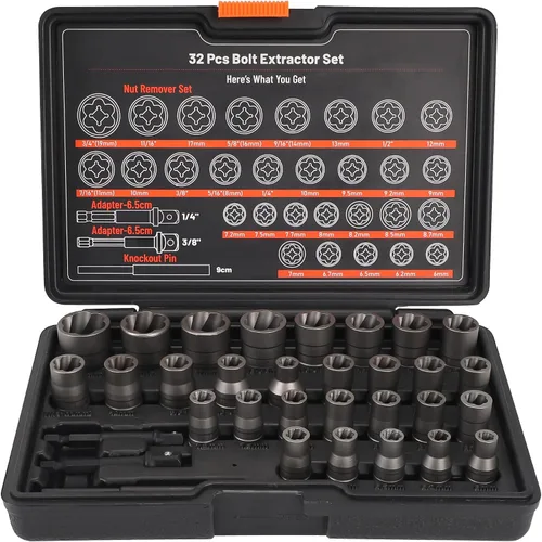 Miniatura 9 de Juego de 15 extractores de tornillos, extractor de tornillos de doble cabeza hexagonal, extractor de tuercas multieslina, 3/8 pulgadas, juego