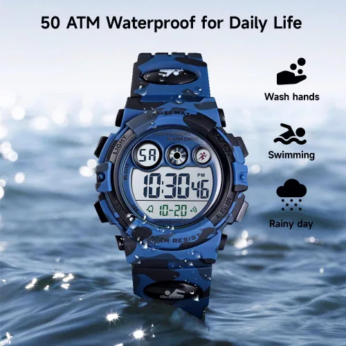 Miniatura 5 de Silike Reloj de pulsera digital para niños con alarma, cronómetro, función de temporizador para niños y niñas (6 a 15 años), color azul militar