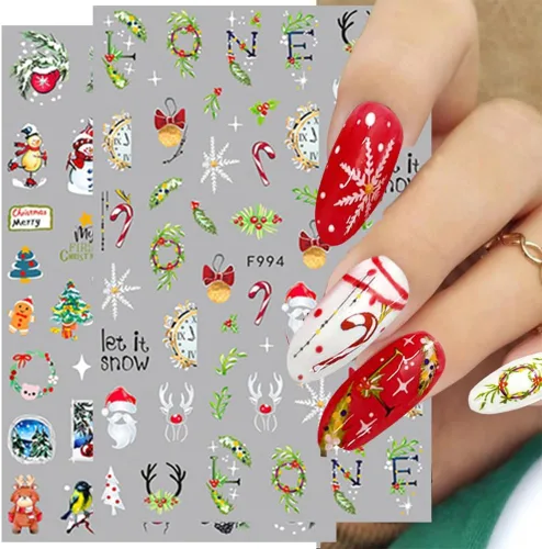 Miniatura 4 de 10 calcomanías de uñas de Navidad de invierno para mujeres, dibujos animados 3D, alce, muñeco de nieve, campanas de Papá Noel, copo de nieve