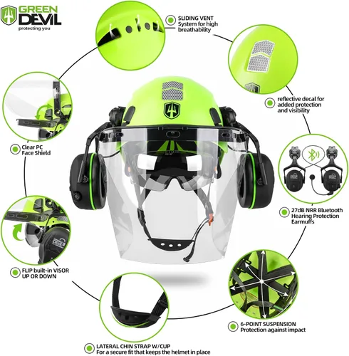 Miniatura 2 de Casco de seguridad para motosierra forestal GREEN DEVIL con orejeras Bluetooth Casco de arborista Casco duro con visera incorporada Protector facial