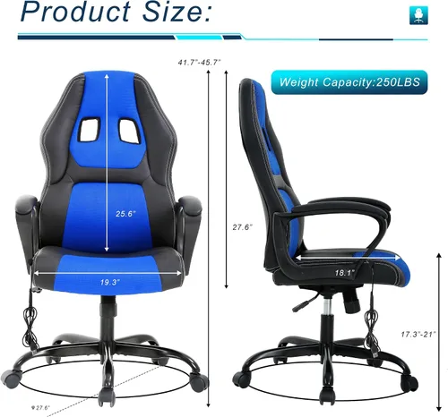 Miniatura 3 de Silla Gamer - Silla ergonómica de masaje para juegos, silla de escritorio de cuero azul para adultos y niños