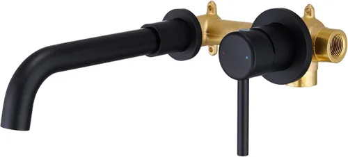 Grifo de baño de montaje en pared, negro mate, grifo de fregadero de baño montado en la pared de una sola manija, boquilla larga giratoria de latón