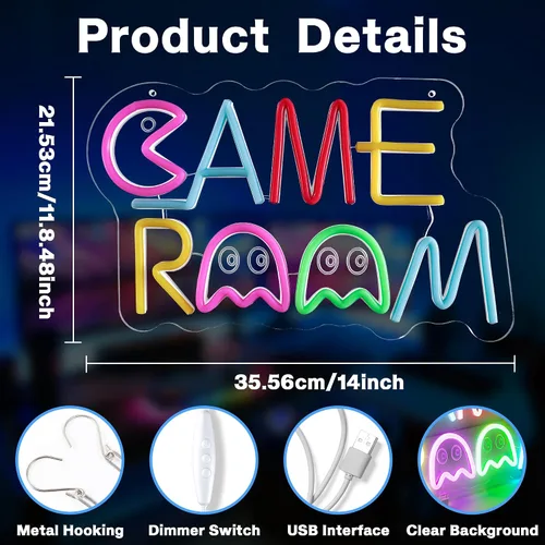 Miniatura 2 de Letrero LED de neón retro para sala de juegos, Pac Man y fantasmas, decoración de fantasma retro con USB/interruptor de luz de neón para sala