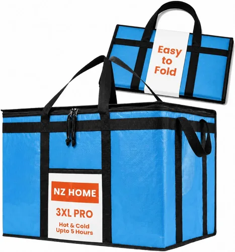 NZ home Durable 3XL PRO Bolsa Térmica Aislada y Calentador de Alimentos para Entrega y Compras de Comestibles con Cremallera Superior, Azul Grado