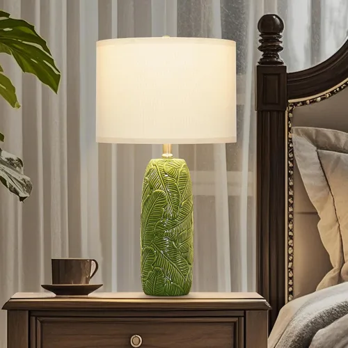 Miniatura 6 de EUO Juego de 2 lámparas verdes de 25 pulgadas con diseño de hojas para sala de estar, dormitorio, lámparas de mesa de cerámica retro para mesita