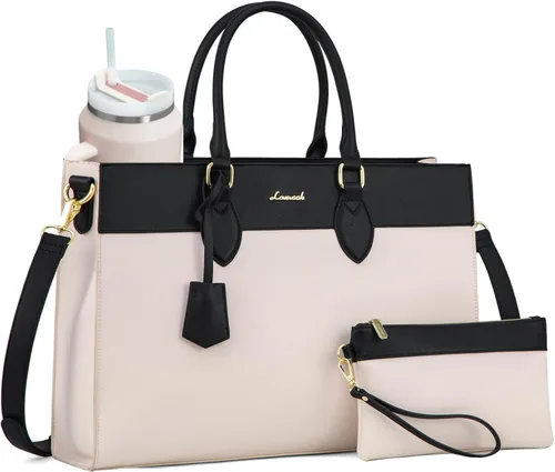 LOVEVOOK Bolsa para laptop para mujer, bolsa de trabajo para laptop de 15.6 pulgadas, maletín grande de cuero impermeable para oficina, beige y negro