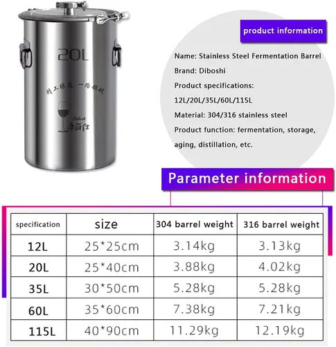 Miniatura 4 de 60L 304/316 Nuevo barril de fermentación de acero inoxidable barril fermentador de barril de vino autoferizado vino sellado equipo de fabricación