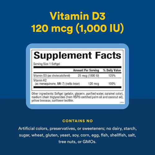 Miniatura 4 de Natural Factors, Vitamina D3 y K2 1000 UI y 120 mcg, apoya la salud ósea y vascular, 60 cápsulas blandas