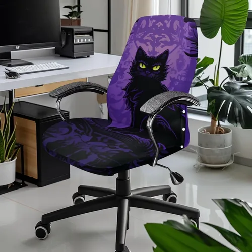 Miniatura 2 de Funda para silla de oficina de gato negro con brazos, elástica, a prueba de mascotas, antideslizante, todo en uno, decoración de escritorio de gato